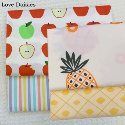 100% Cotton Twill Fruit WHITE Big Pineapple RED Apple Color Stripe Fabrics for Bedding Apparel Dress Patchwork Handcraft Decor