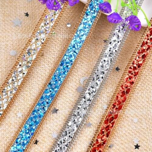 5yds Hot fix Crystal Rhinestone Sequins Chain Lace Ribbon Trim For Sewing Wedding Dress Clothing Decorative Accessories Applique
