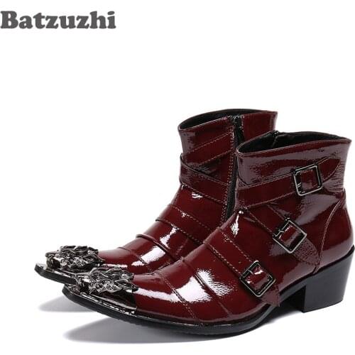 Batzuzhi Fashion Rock Mens Leather Ankle Boots Pointed Toe 6.5cm Heels Motorcycle Boots Men Black/Wine Red PartyBotas Hombre