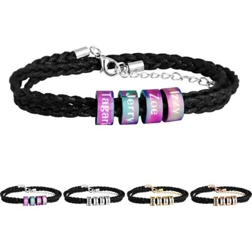 Personalized Engrave Family Name Bangle For Male Men Steel Black Rope 925 Beads Handmade Braided Bracelet Wristlet Jewelry Gift
