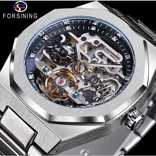 Forsining Mens Mechanical Watch Automatic Tourbillon Skeleton Watches Silver Stainless Steel Wristwatches Luminous Relojes