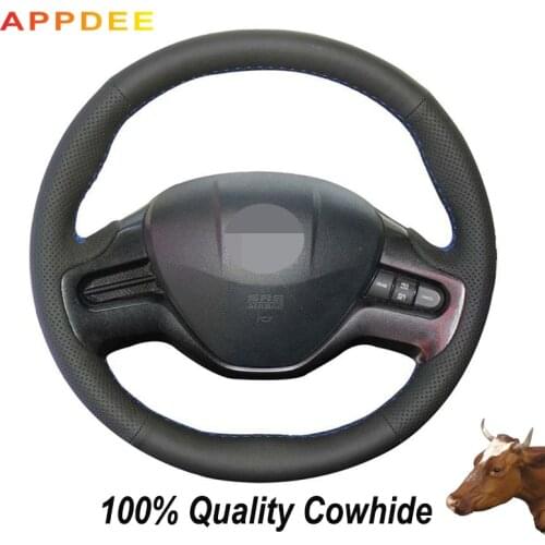 APPDEE Hand-stitched Black Genuine Leather Steering Wheel Cover for Honda Civic Civic 8 2006 2007 2008 (2-Spoke)