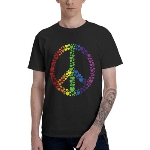 Peace Sign Rainbow Heart T Shirt Men Short Sleeve 100% Cotton T-shirt Lesbian LGBT Tees Top Fashion Tshirts Gift