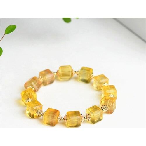 Grade AA Natural Yellow Fluorite Beaded Bracelet 10mm Cubic Fluorite Beads Bangle Stretch Jewelry Bracelet BR033