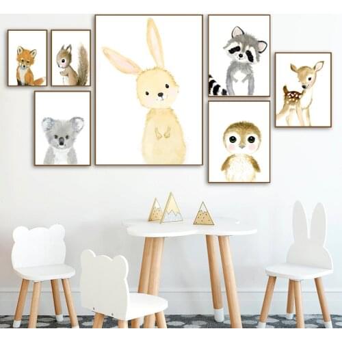 Woodland Animals Rabbit Fox Deer Raccoon Wall Art Canvas Painting Nordic Posters And Prints Wall Pictures Baby Kids Room Decor