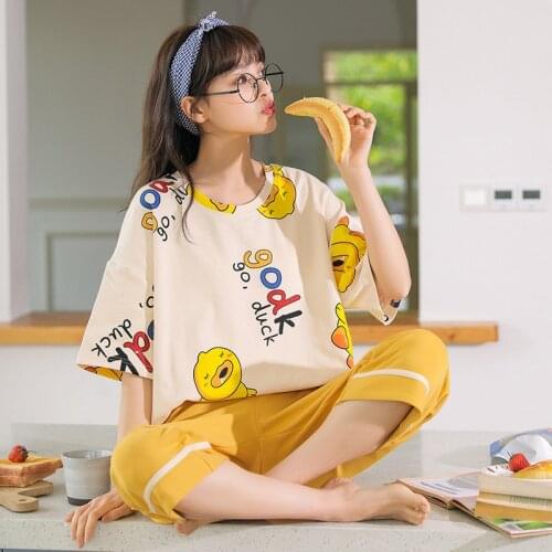 Summer Short Sleeve Womens Pajama Set Cute Girls Cartoon Nightgowns Calf-Length Pants Pajama Sets Sleepwear Home Clothing
