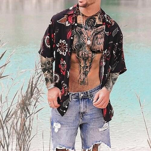 Fashion Japanese Mens Medium Sleeve Printed Shirt 2020 New Hawaiian Black Top Large Summer Shirt