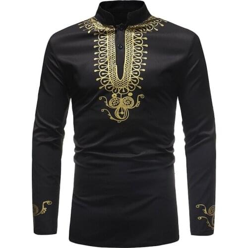 Fashion Casual Tops Trend Man Stand Lead Pullover Long Sleeve African Dresses Man Muslim Clothing T-shirts Luxury Gold Black Top