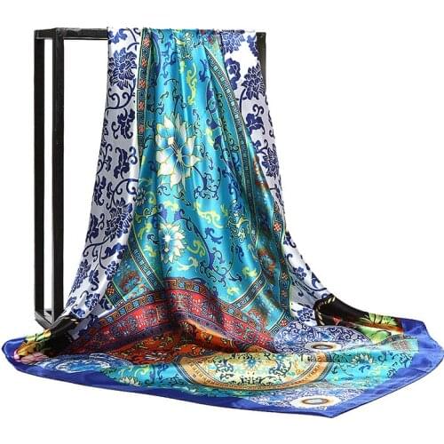 Fashionable Retro Scarf Womens Blue and White Porcelain Multi Color Silk Scarf 90*90cm Ladys Large Square Shawl