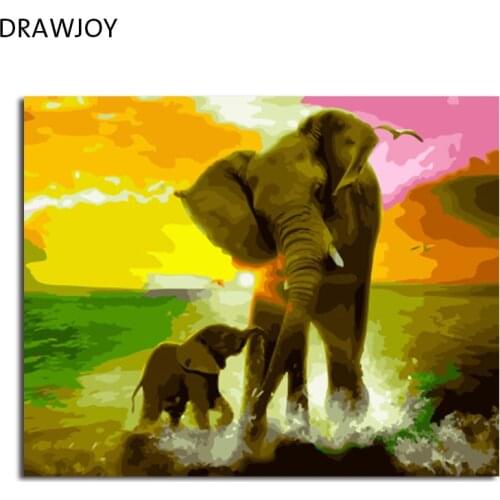 DRAWJOY Framed Picture DIY Painting By Numbers Painting & Calligraphy Of Loely Animals Elephants Coloring By Numbers