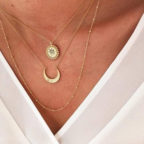 Bohemian Crystal Carved Moon Sun Beads Pendant Necklace Vintage Multilayer Necklace for Women Fashion Jewelry Accessories