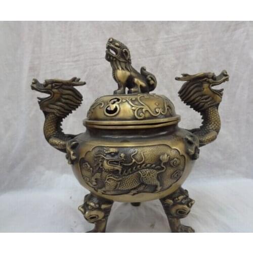 Song voge gem S2561 12" Chinese Bronze Dragon Head Kylin Deer Statue Lion Incense Burner Censer