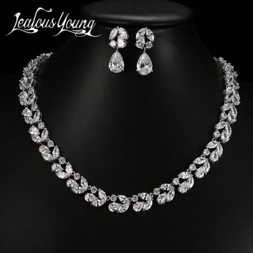 Luxury Flower Design Water Drop AAA Cubic Zircon Crystal Bridal Jewelry Sets For Women Wedding African Beads Jewelry AS143