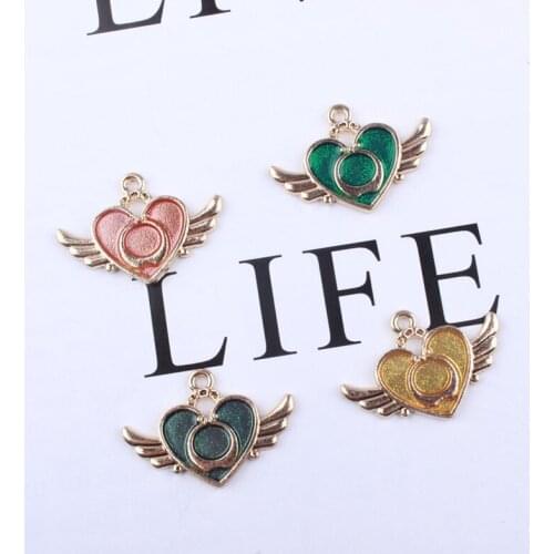 Pink Green Yellow Heart Wings Pendant Gold Enamel Charms Elegant DIY Accessories For Handmade Women Jewelry Necklace Bracelets