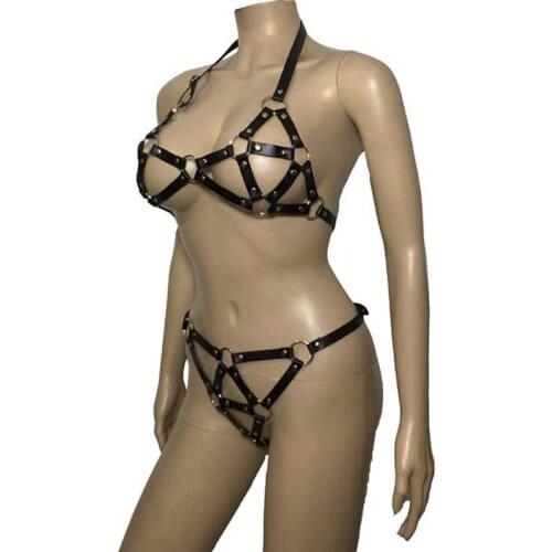 Sexy Women Strappy Faux Leather and Metal Ring Body Harness Bra Top and Thong Pole Dance Bikini Lingerie Set Fetish Wear