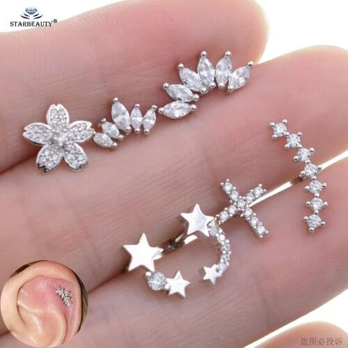 2Pcs Big Crown Flower Ear Ring Studs Zircon Cross Helix Piercing Tragus Conch Leaf Cartilage Earrings Ear Piercing Women Jewelry