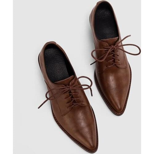 Osunlina Womans Pumps Pointed Toe Lace Up Lady Footwear Brown Black Handmade Genuine Leather 5cm High Square Heel Office Shoes