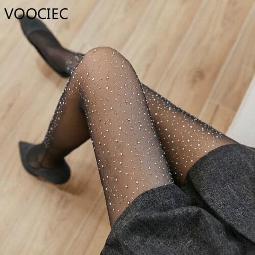 VOOCIEC Womens Sexy High Waist Tight Sparkle Rhinestone Silver hot drilling Womens Light Sexy Stockings Drop Ship Club Linger