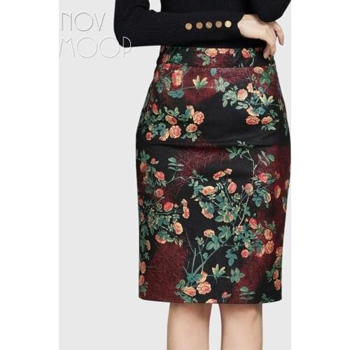 Novmoop wild rose flower pattern printed sheepskin genuine leather women skirt romantic style LT3298