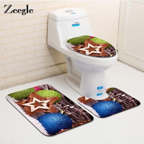 Zeegle 3 pieces/Set Christmas Decor Printed Anti-silp Flannel Bath Mats Set Bathroom Carpet Washable Toilet Mats Rugs Shower Pad