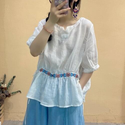 Women Summer Ramie Tops Blouse Ladies Embroidered Ramie Shirt Female 2021 Vintage Thin Ramie Blouse
