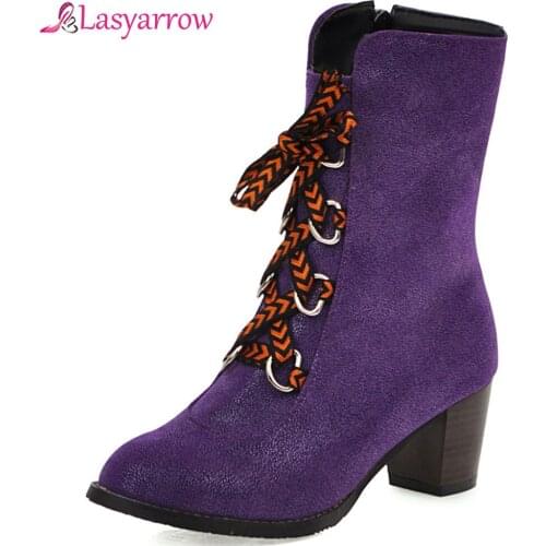 Lasyarrow 2019 Autumn Winter Denim Cross Tied High Heel Boots Female Blue Block Heel Ankle Riding Knight Boots Shoes Woman J1015
