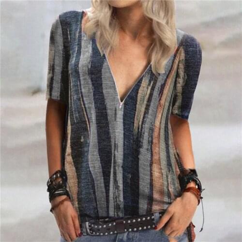 Women Tie-dye T-shirt Striped Printed V-neck Zipper Tops Summer Fashion Short-sleeved Clothing Female Trendy Harajuku Tees 2021