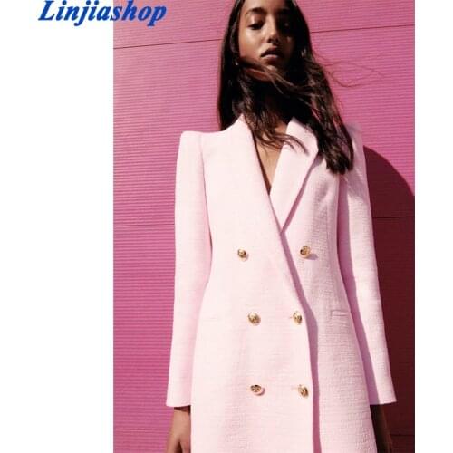 Women 2021 Fashion Double Breasted Tweed Blazer Coat Vintage Long Sleeve Shoulder Pads Female Outerwear Chic Veste