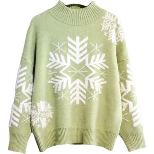 New Autumn Winter Women Loose Pullover Sweater Christmas Wind Snowflake Warm Basic Sweater Half Turtleneck Sweater