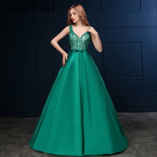 JaneVini Vestidos Green Mother of Bride Dresses Sexy Deep V Neck Beaded Backless Plus Size A Line Satin Evening Gowns for Women
