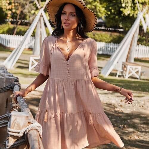 Boho A-Line Dress Lady V-Neck Half Sleeve Tassel Loose Summer Dress Button Ruffles Hem Casual Dress 2021 Women Clothing Vestidos