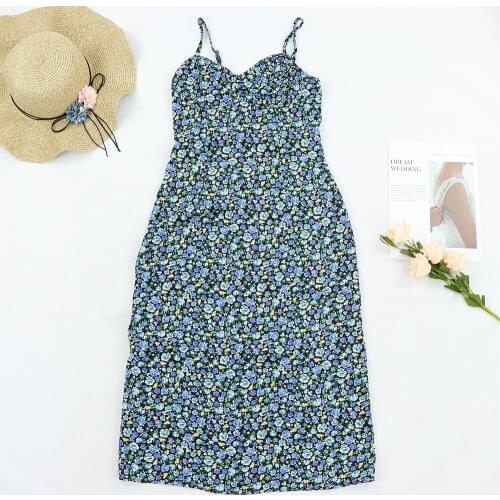 2020 NEW ZA France Blue Rose Tree Print summer Dress Fashion reveal the shoulders vestidos Vintage Spaghetti straps Midi Dress