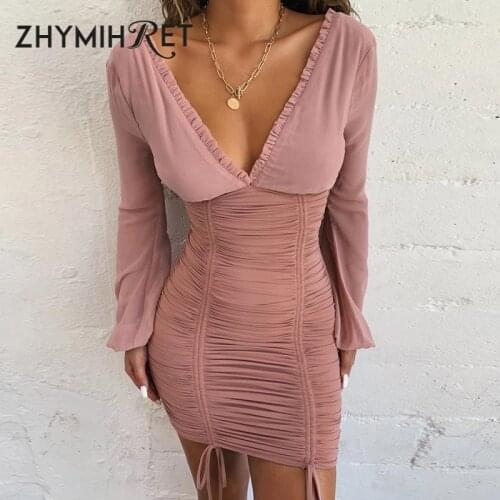 ZHYMIHRET Elegant Ruffled Deep V Neck Pink Dress Women Chiffon Lantern Sleeve Patchwork Ruched Dress 2019 Fall Bodycon Vestidos