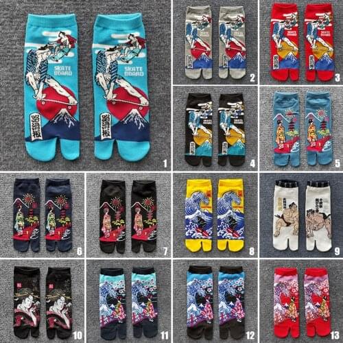 2 Pair Japanese Style Dancing Geisha Printing Tabi Toe Socks Cotton Men Women Separate Kimono Flip Flop Two Fingers Socks