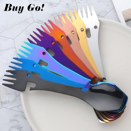 1PC Camping Fork Spoon Multi-function Stainless Steel Cutlery 5 in 1 Spork Outdoor Camping Equipment Hiking Bottle/Can Opener