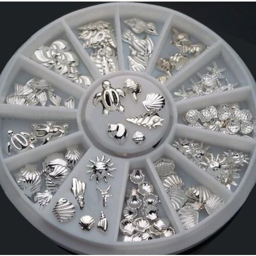 120 Pcs Women Nail Art Decoration Mini Ocean Accessories Silver Shell Conch Metal Silver Rivet Star Shell Jewelry Storage Tray