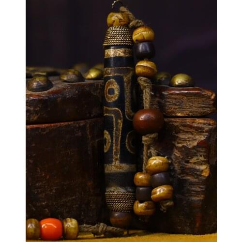 4" Tibet Buddhism Old Natural agate gZi Beads mosaic Gem Filigree 2 eyes Dzi Bead Pendant Exorcism Ward off evil spirits