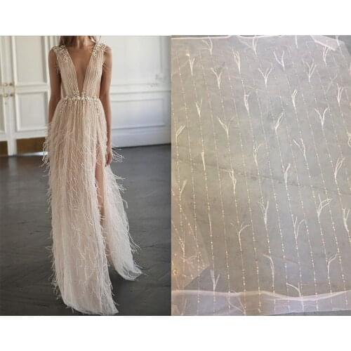 5 Yard 3d white lace fabric with feather lace tassel! 2019 Luxury women dress lace material good quality