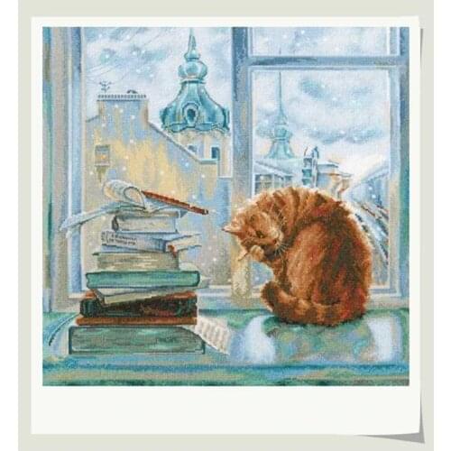 Free Delivery Top Quality Lovely Counted Cross Stitch Kit windowsill cat window early morning reading books Snooze M671