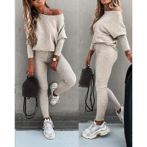 Ladies Long Sleeve Top & High Waist Drawstring Sweatsuits Pants Set Winter Womens Tracksuit Female Knitt Sports Jogging Suits