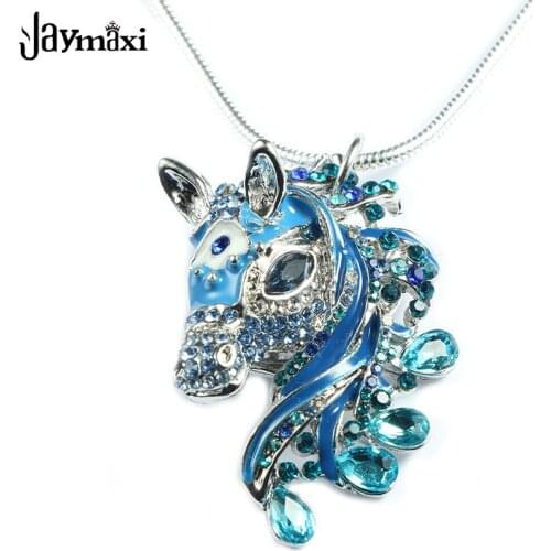 Jaymaxi 3D Horse Pendant Necklace Silver Color Snake Chain 24inch Blue Purple Black Rhinestones Necklace Gift for Girls