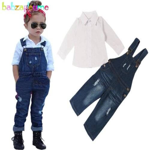 Babzapleume Spring Autumn Baby Girls Outfits Boutique Kids Clothing White Shirt+Denim Overalls Children Clothes 2PCS Suit BC1182