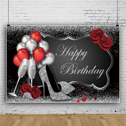 Laeacco Womens Birthday Party Silver High Heels Photo Backdrop Balloons Red Rose Photography Background Customized Photocall