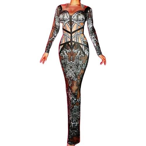 Personality Black Print Long Dress Women Evening Prom Party Rhinestones Birthday Celebrate Dress Nightclub DJ Singer Costume
