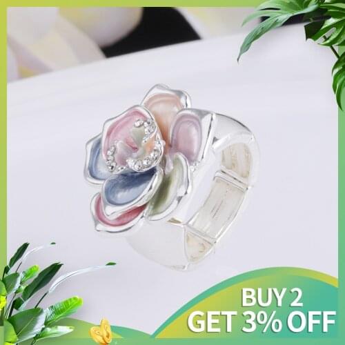 MeiceM New Colorful Flower Rings Silver Color Adjustment Alloy Ring for Women Fashion Ladys Plant Ring Wedding Anniversary Gift