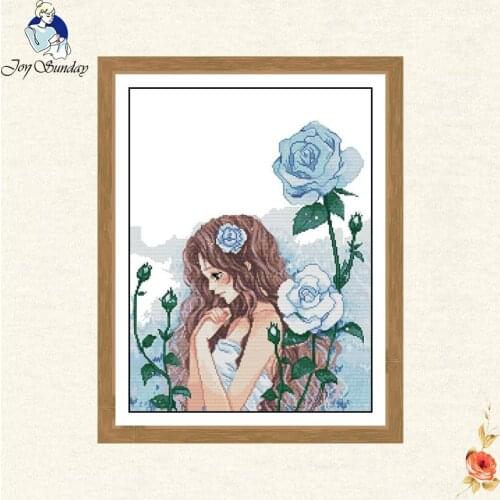 Beauty and blue rose DMC cross stitch kit 14ct 11ct count print girl Chinese cross stitches needlework embroidery DIY handmade