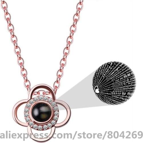 Wholeslae New Rose Gold Love 100 Language I love You Necklace Memory Projection Pendant Flower Rhinestone Necklace