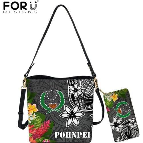 FORUDESIGNS Luxury PU Leather Women Bucket Bag And Purse Set Polynesian Pohnpei Tribal Flower Print Lady Casaul Messenger Bolsa
