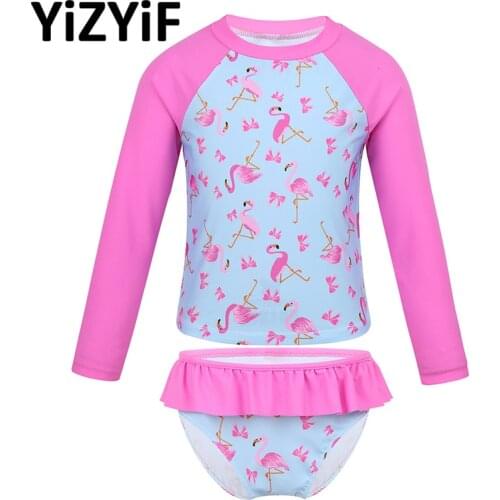 Girls Tankini Swimsuit Long Sleeves Flamingo Printed Rashguard Swimwear Bathing Suit Set Tops with Ruffled Bottoms Swim Suits