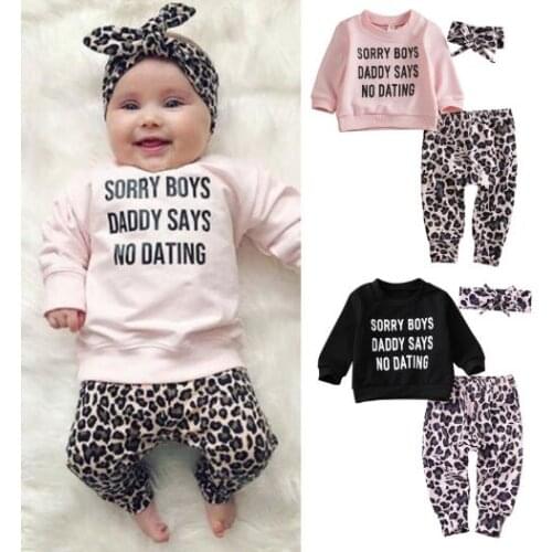 Newborn Baby Girl Long Sleeve Sweatshirt Funny Letter Print Top Leopard Halen Pants+Headband Girls Clothes Set
